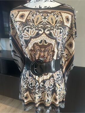 Silky Boho Print Blouse with Statement Black Belt